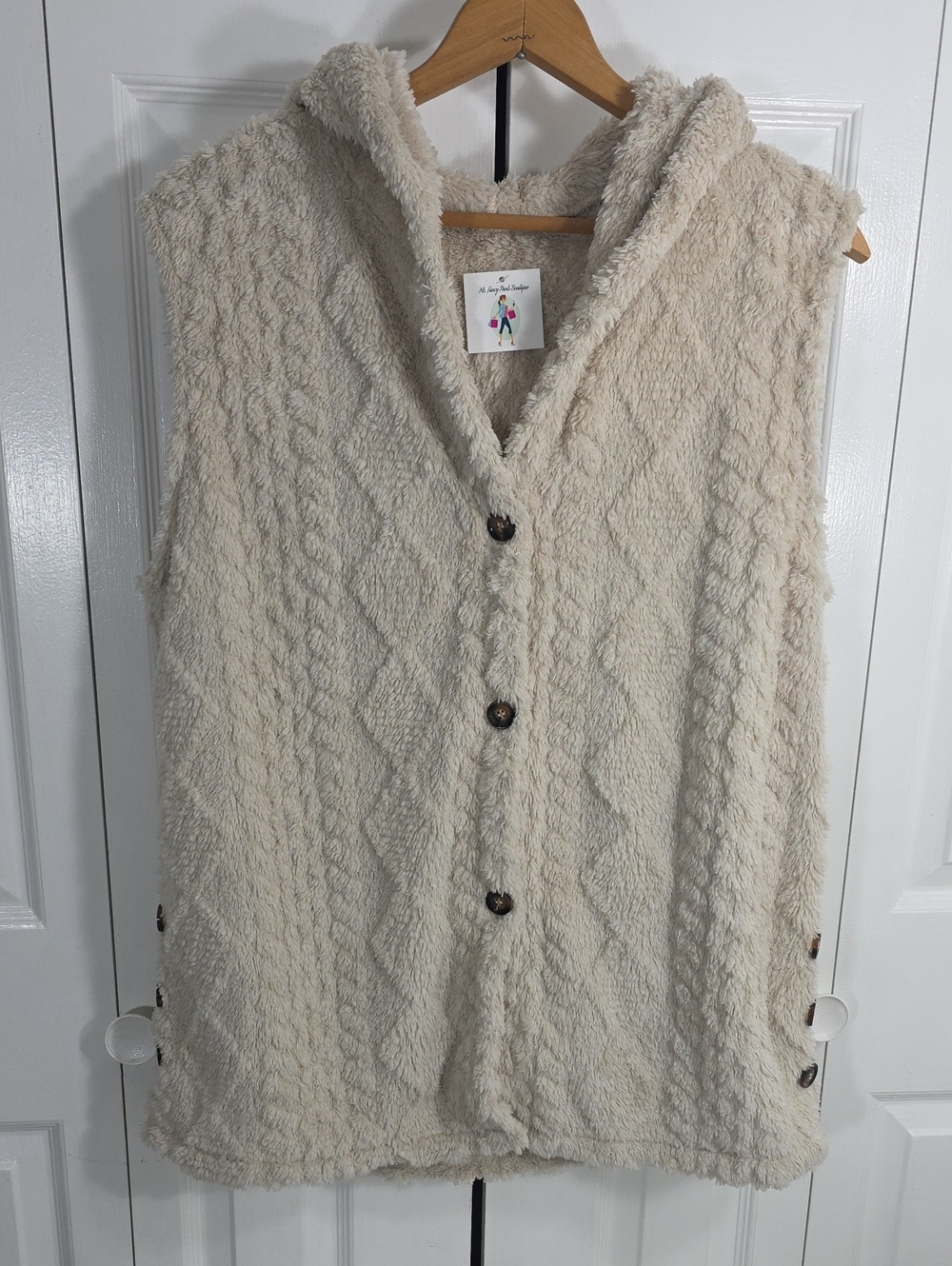 Ms. Fancy Pants Cozy Hooded Cable Knit Vest Sweater - Cream Sherpa Boho Soft NWT